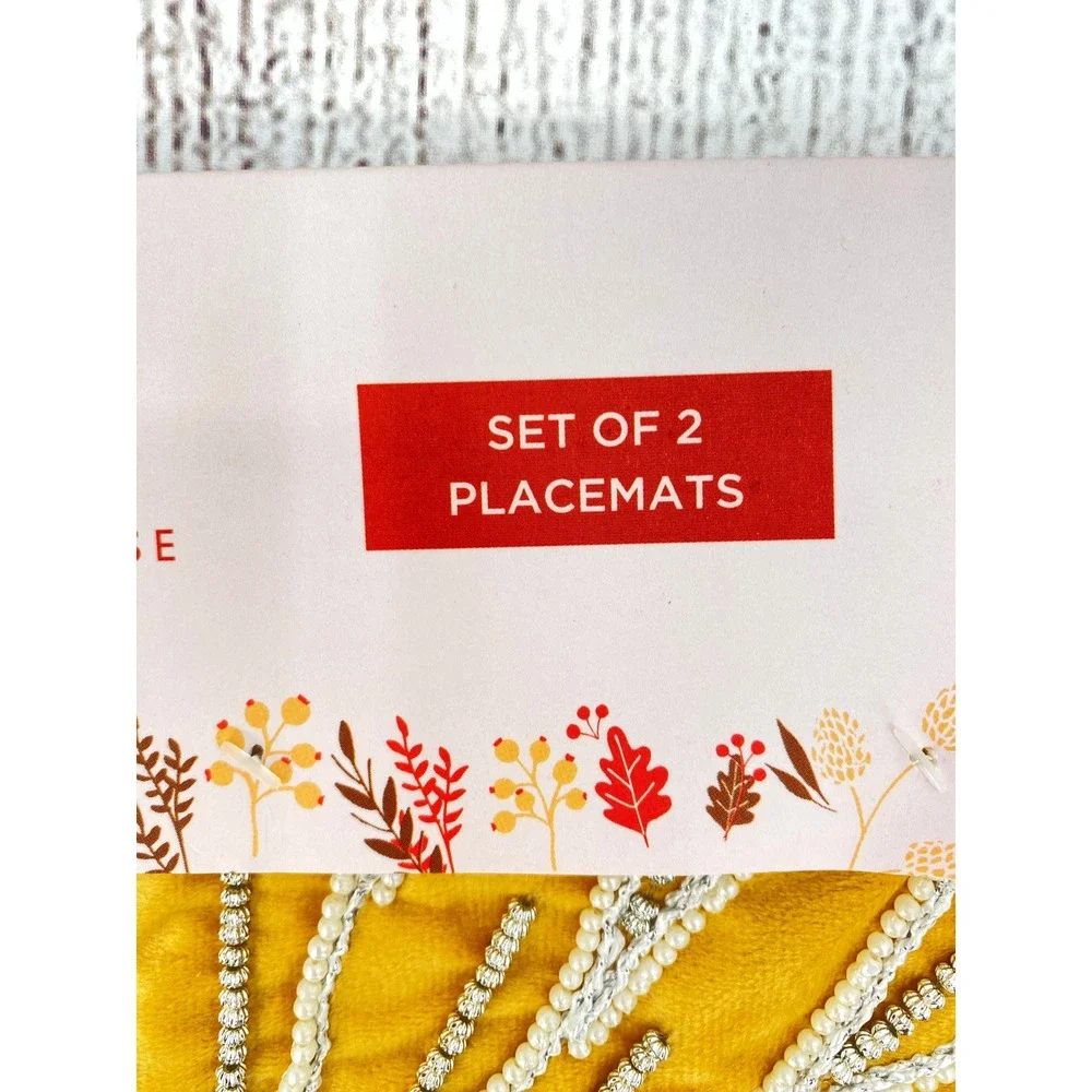Rachel Ashwell The Farmhouse Sunflower Placemats (2) Yellow Beaded Floral Autumn
